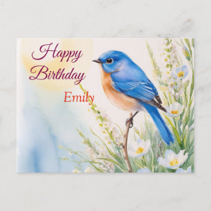 Personalised Blue Bird Flowers Watercolor birthday Postcard