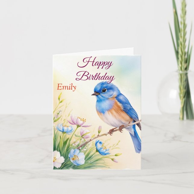 Personalised Blue Bird Spring Flowers Watercolor Card (Front)