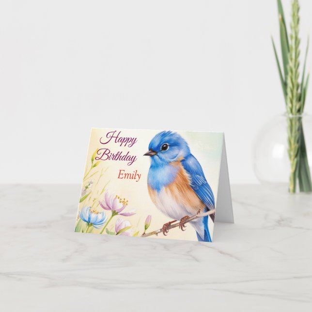 Personalised Blue Bird Spring Flowers Watercolor Card (Front)