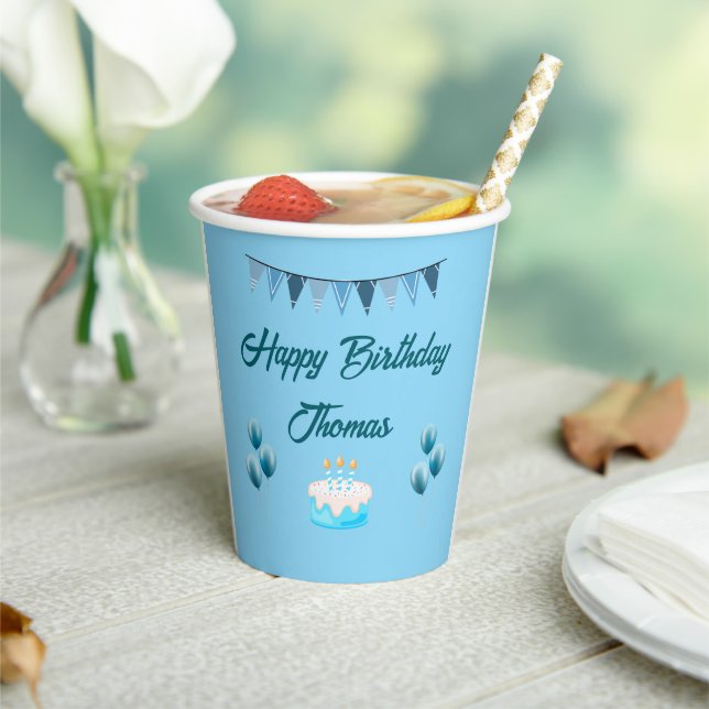 Personalised Blue Birthday  Paper Cups (Insitu)