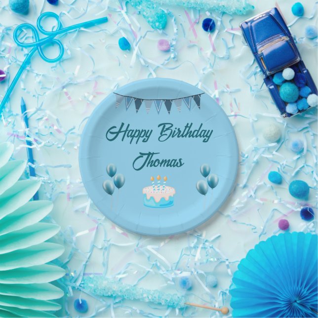 Personalised Blue Birthday Paper Plate (Party)