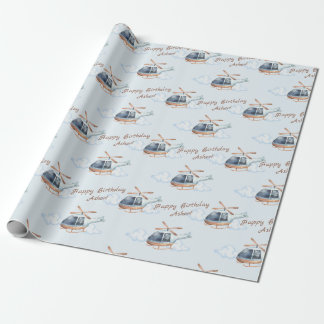 Personalised Blue Birthday Watercolor Helicopter Wrapping Paper