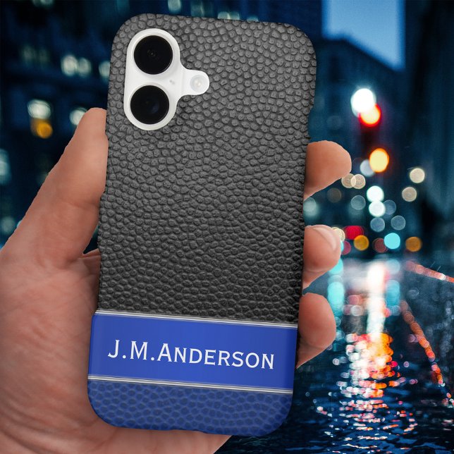 Personalised Blue Black Faux Leather Phone Case (Stylish phone case featuring a blue and black faux leather design with metallic band and your text)