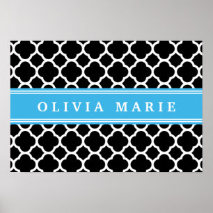 Personalised Blue Black Quatrefoil Pattern Poster