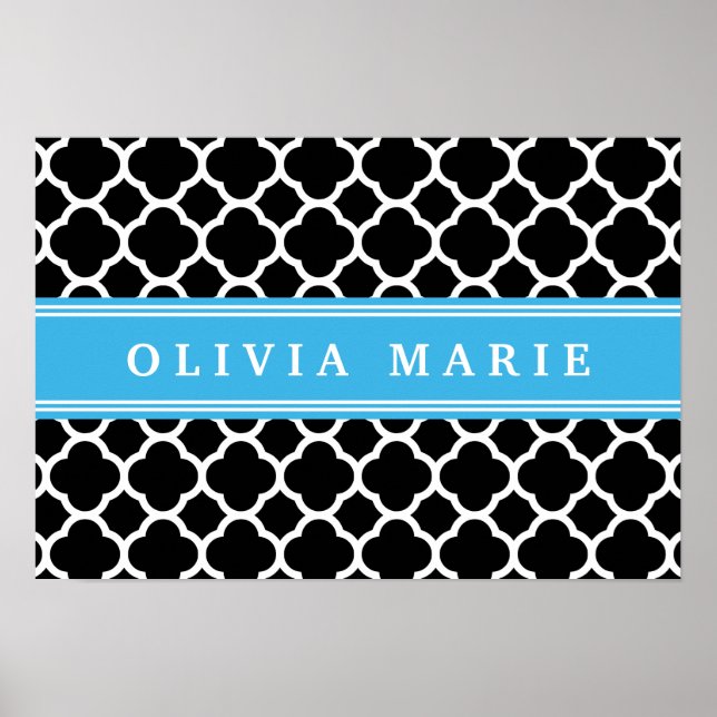 Personalised Blue Black Quatrefoil Pattern Poster (Front)