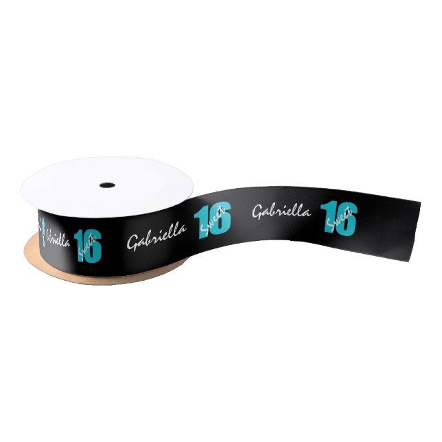 Personalised Blue & Black Sweet 16 Birthday Ribbon Satin Ribbon (Spool)