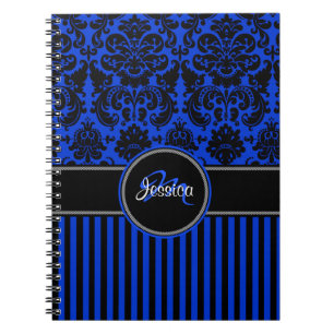 Personalised Blue Black White Striped Damask Notebook