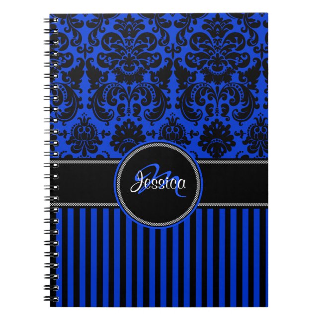 Personalised Blue Black White Striped Damask Notebook (Front)