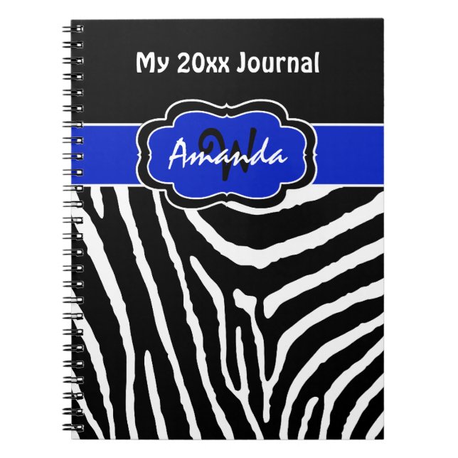 Personalised Blue Black White Zebra Stripe Journal (Front)