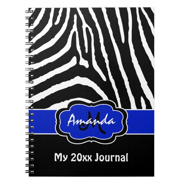 Personalised Blue Black White Zebra Stripe Journal (Front)