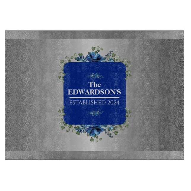 Personalised Blue Bloom: Metallic Silver Floral  Cutting Board (Front)