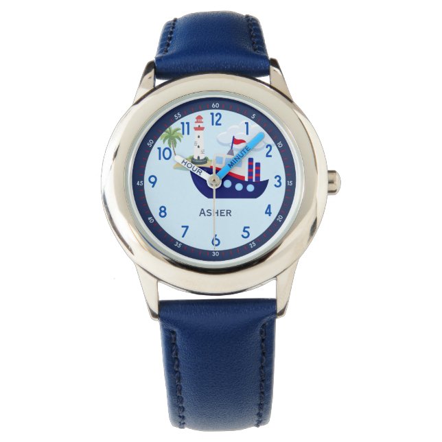 Personalised Blue Boat Learn To Tell The Time Watch (Front)