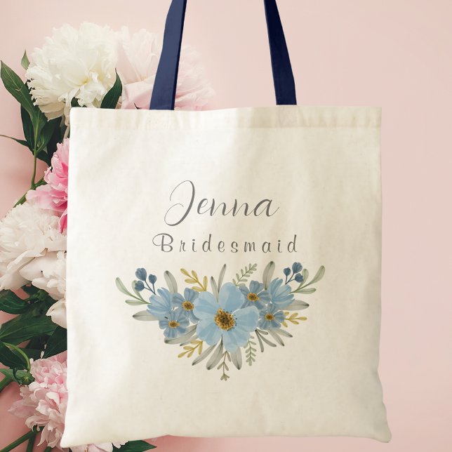 Personalised Blue Botanical Floral Bridesmaid  Tote Bag (Creator Uploaded)