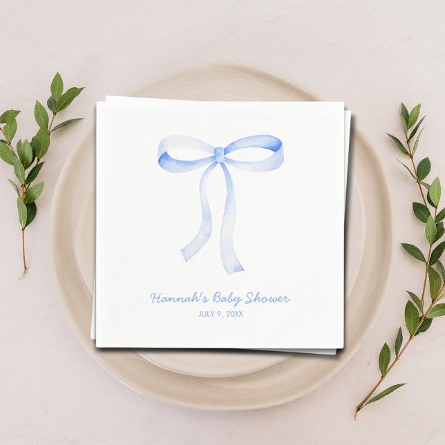 Personalised Blue Bow Baby Shower Watercolor Napkin (Personalized Blue Bow Baby Shower Watercolor Napkins)