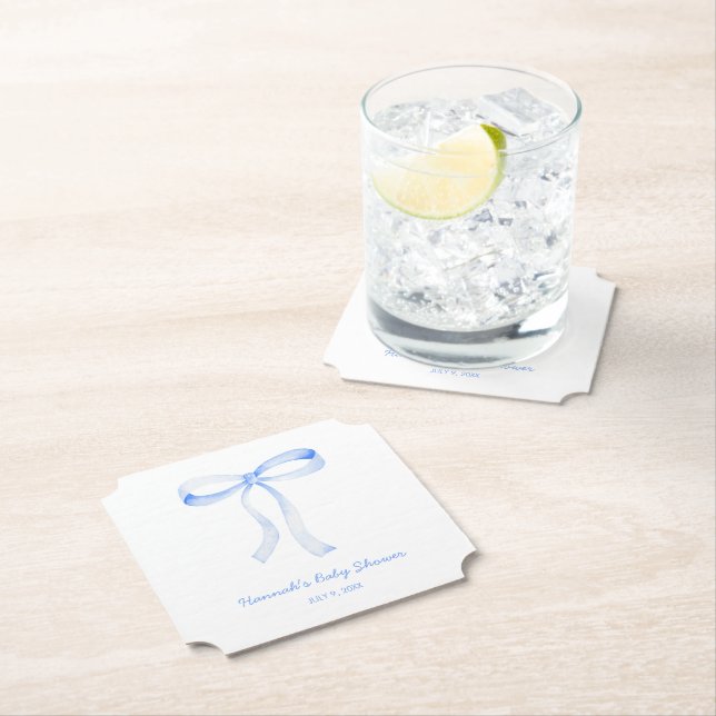 Personalised Blue Bow Baby Shower Watercolor Paper Coaster (Insitu)