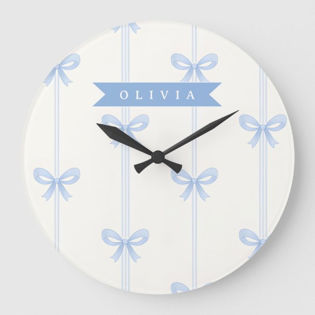 Personalised Blue Bow Coquette Name Aesthetic Large Clock (Front)