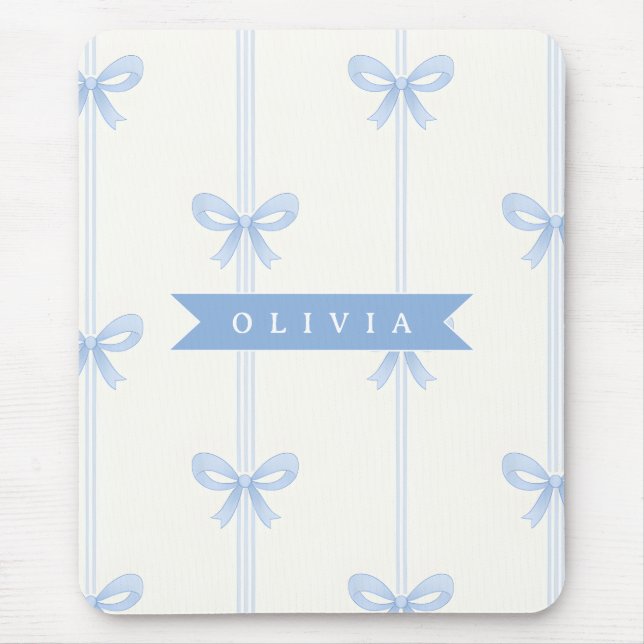 Personalised Blue Bow Coquette Name Aesthetic Mouse Mat (Front)