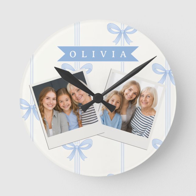 Personalised Blue Bow Coquette Name Aesthetic Round Clock (Front)