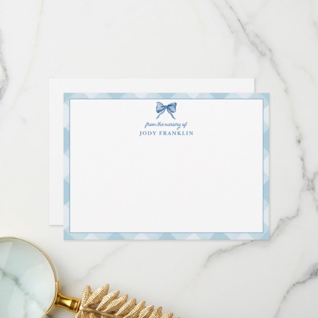 Personalised Blue Bow Gingham Baby Boy Stationery Thank You Card (Front/Back In Situ)