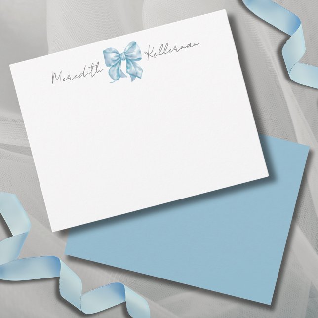 Personalised Blue Bow Name Monogram Card (Personalized Blue Bow Name Monogram Note Card )