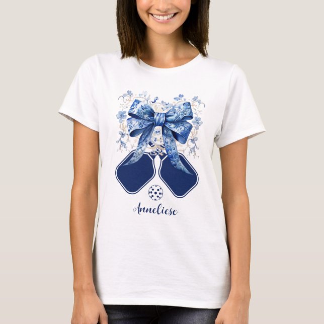 Personalised Blue Bow Pickleball Paddle T-Shirt (Front)