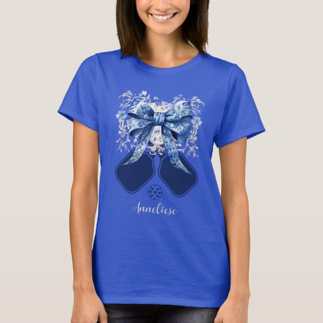 Personalised Blue Bow Pickleball Paddle T-Shirt (Front)