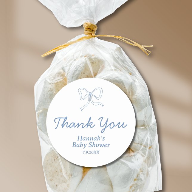 Personalised Blue Bow Ribbon Baby Shower Favour Classic Round Sticker (Personalized Blue Bow Ribbon Baby Shower Favor Classic Round Sticker
)