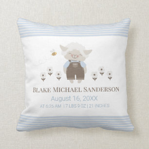 Personalised Blue Boy Lamb Birth Stats Nursery Cushion