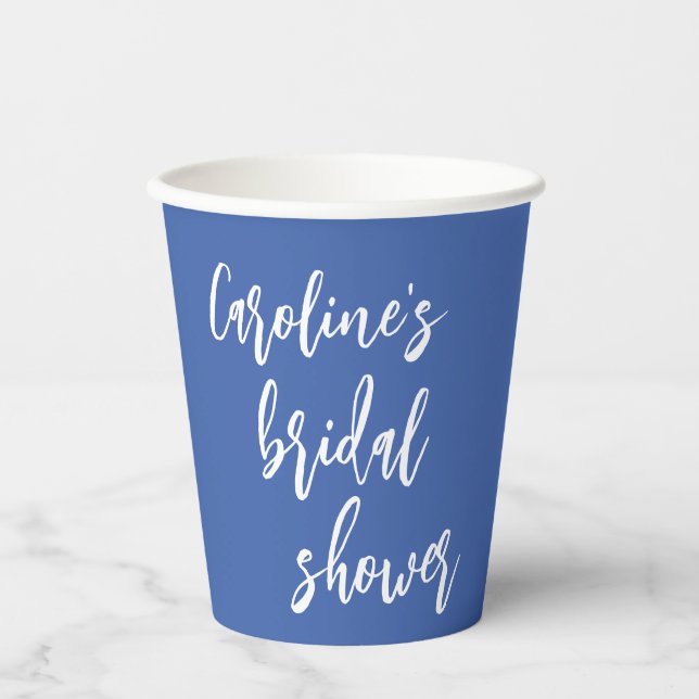 Personalised Blue Bridal Shower Script Modern Chic Paper Cups (Front)