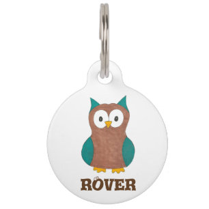 Personalised Blue Brown Cartoon Owl Bird Pet Tag