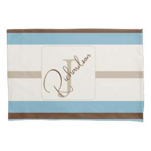 Personalised Blue Brown Stripe Monogram Coastal  Pillowcase