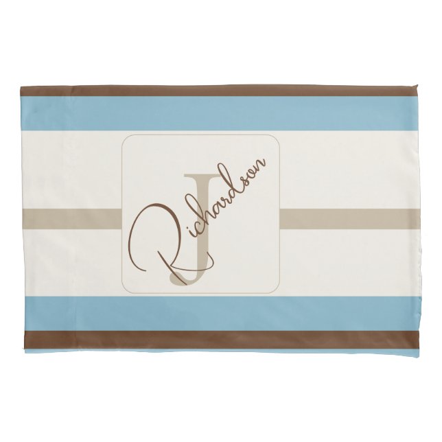 Personalised Blue Brown Stripe Monogram Coastal  Pillowcase (Front)