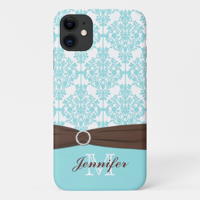 Personalised Blue, Brown, White Damask iPhone 11 Case-Mate iPhone Case (Back)