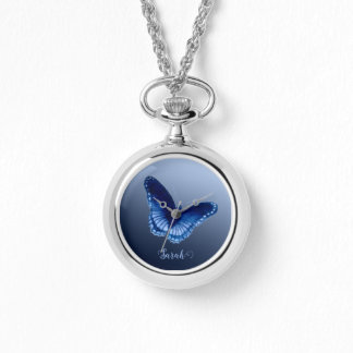 Personalised Blue Butterfly Necklace Watch