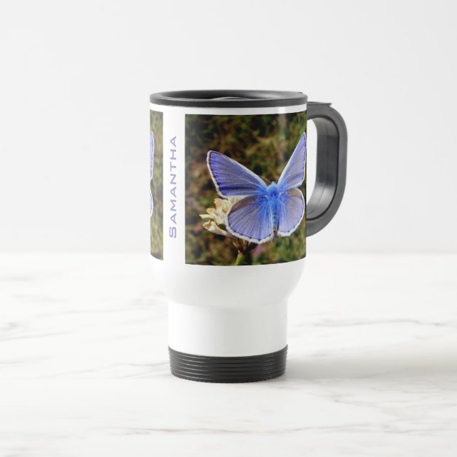 Personalised Blue Butterfly on White Flower Travel Mug (Front Right)
