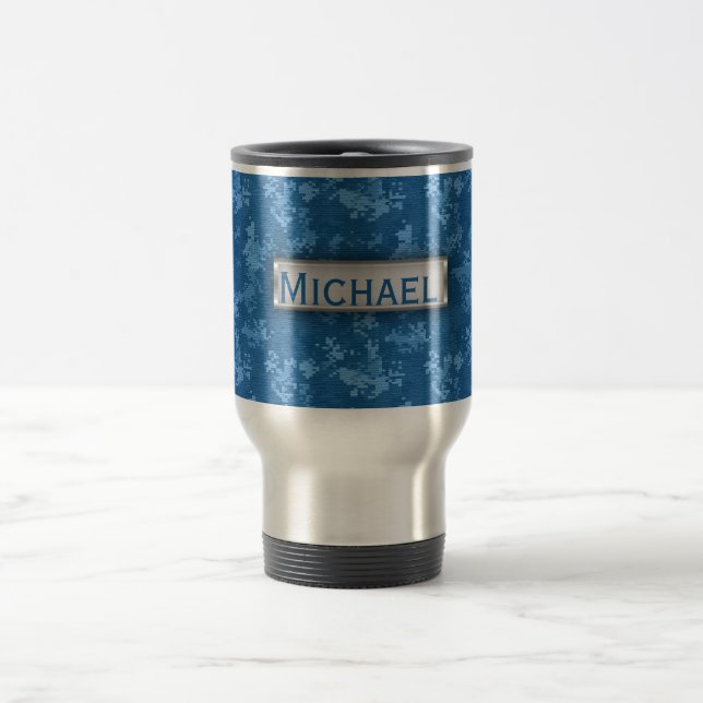 Personalised Blue Camo Pattern Travel Mug (Center)