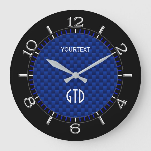 Personalised Blue Carbon Fibre Like Print Large Clock (Front)