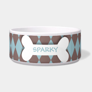 Personalised blue chequered dog bone pet food bowl