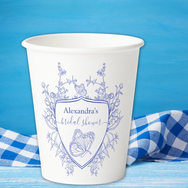 Personalised Blue Chinoiserie Floral Bridal Shower Paper Cups (Creator Uploaded)