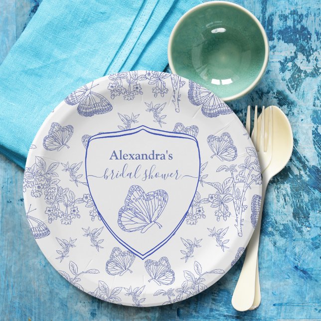 Personalised Blue Chinoiserie Floral Bridal Shower Paper Plate (Creator Uploaded)