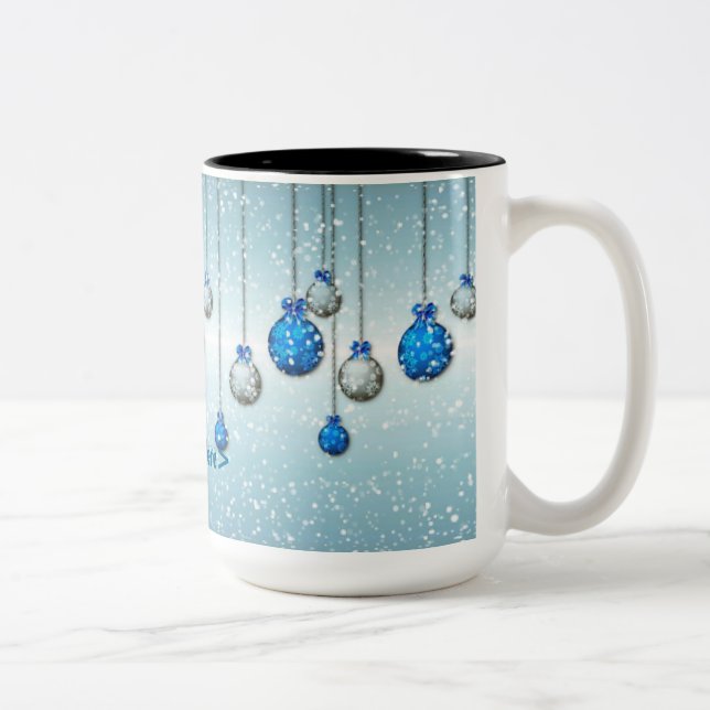 Personalised Blue Christmas Snow Ornaments Mug (Right)