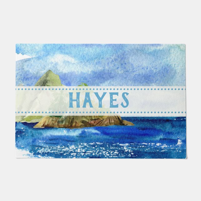 Personalised Blue Coastal Ocean Beach Rock Doormat (Front)