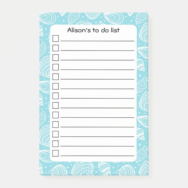 Personalised Blue Coastal Shells To Do List Post-it Notes (Front)