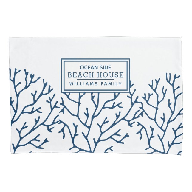 Personalised Blue Coral Pattern - Beach House Pillowcase (Front)