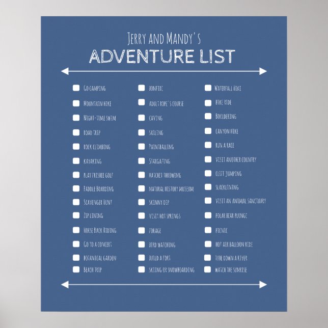 Personalised blue couple's adventure list poster (Front)