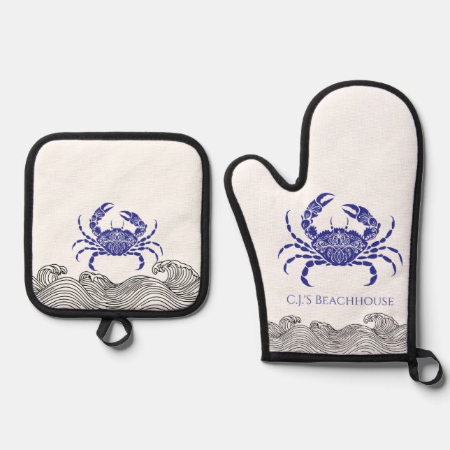 Personalised Blue Crab Oven Mitt & Pot Holder Set (Front)