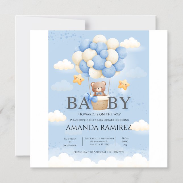 Personalised Blue & Cream Elephant Baby Shower Magnetic Invitation (Front)