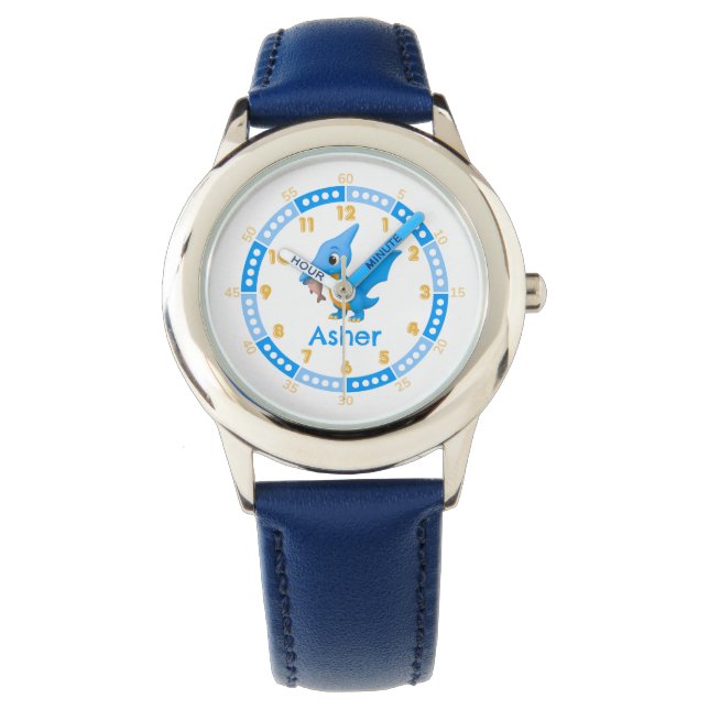 Personalised Blue Cute Dinosaur Learn to tell time Watch (Front)
