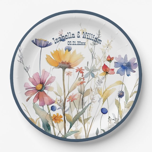 Personalised Blue Denim Fall Wildflowers Wedding Paper Plate (Front)