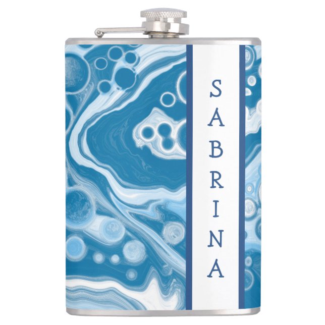 Personalised Blue Digital Fluid Art Marble   Hip Flask (Front)